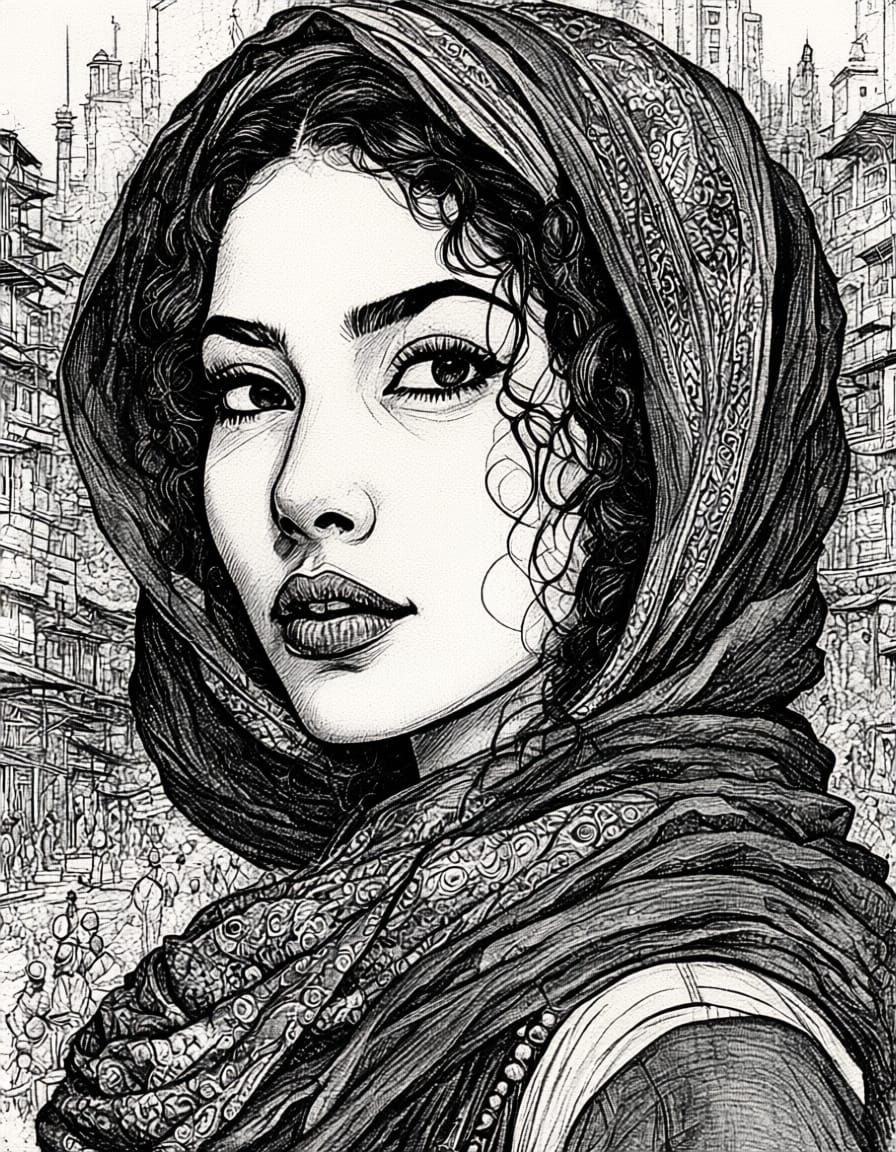 ليلى (Leila) |  🇵🇸 B&W Portrait + dramatic monochrome enhancement ([Sketch Artist + SteampunkHotHiRes] + Qwen Image Edit Plus) 