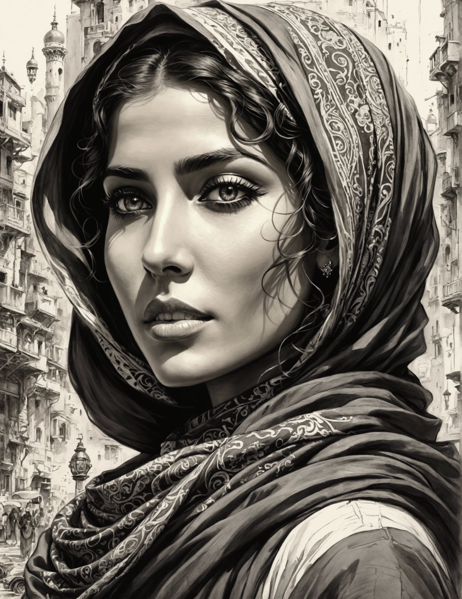 ليلى (Leila) |  🇵🇸 B&W Portrait (Creative Upscale 50% - Sketch Artist + SteampunkHotHiRes)