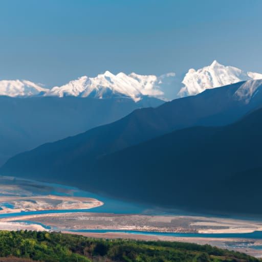 Brahmaputra River's Great Bend with Snow Mountains