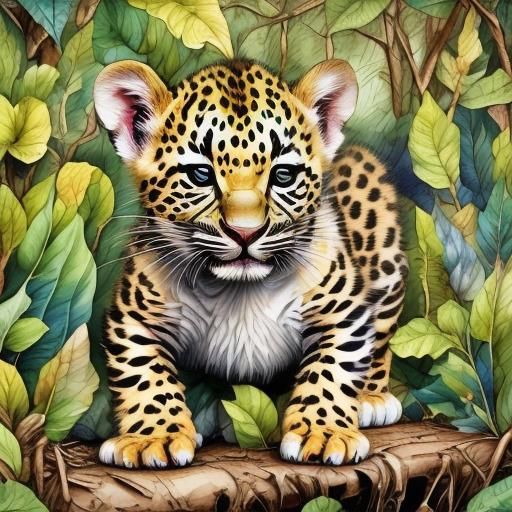<lora:Ink Outline:1.0> Fine line Ink outline of a leopard cub in the jungle oil painting 