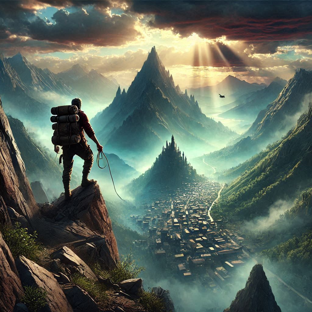 An adventurer climbing a mountain to reach a hidden city