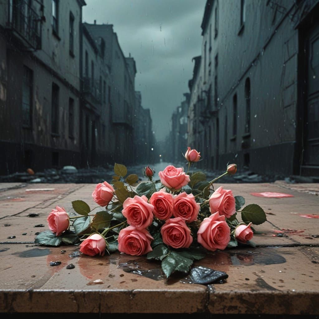Wilted Roses Abandoned on Street: Mixed Media Art