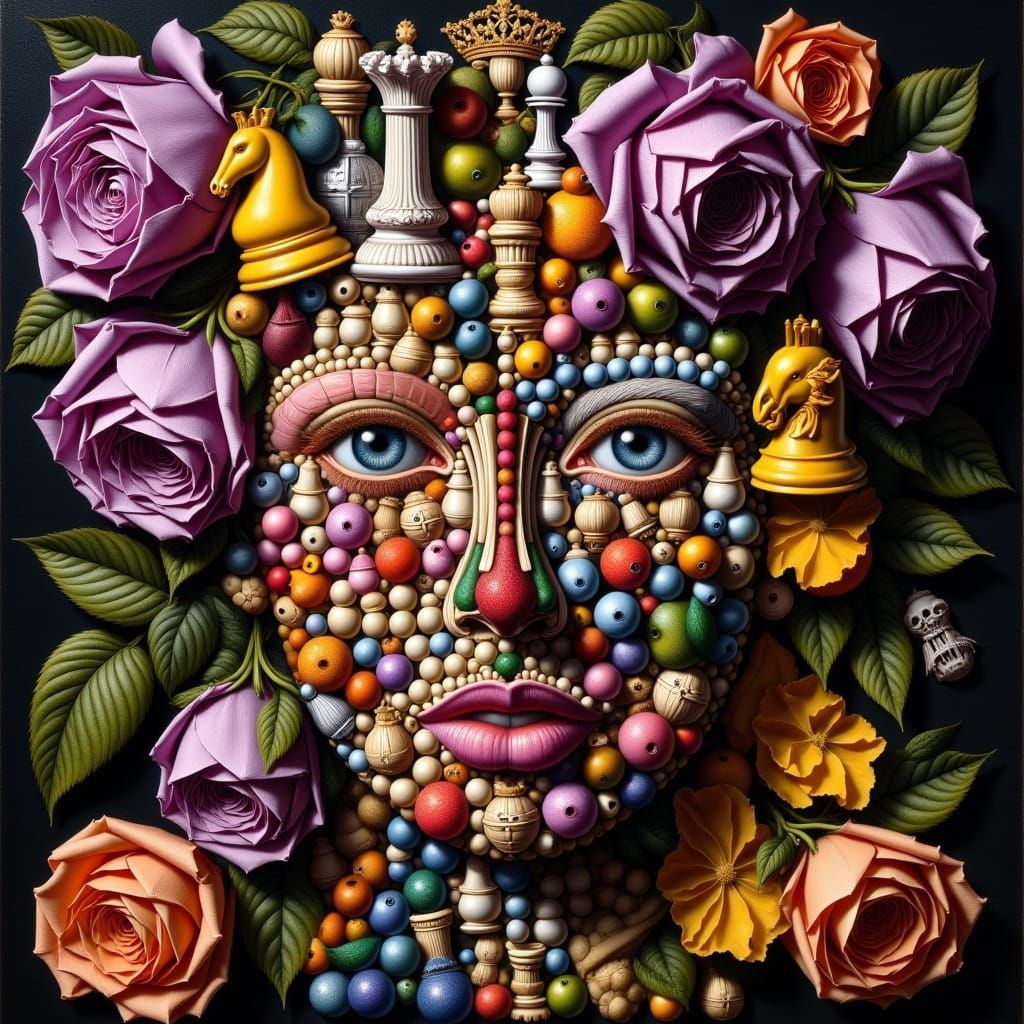 <lora:noddle:1.0> A face composed of a chess and purple roses. A bright hyperrealistic drawing in the mannerist style. Anamorphosis, têtes c...