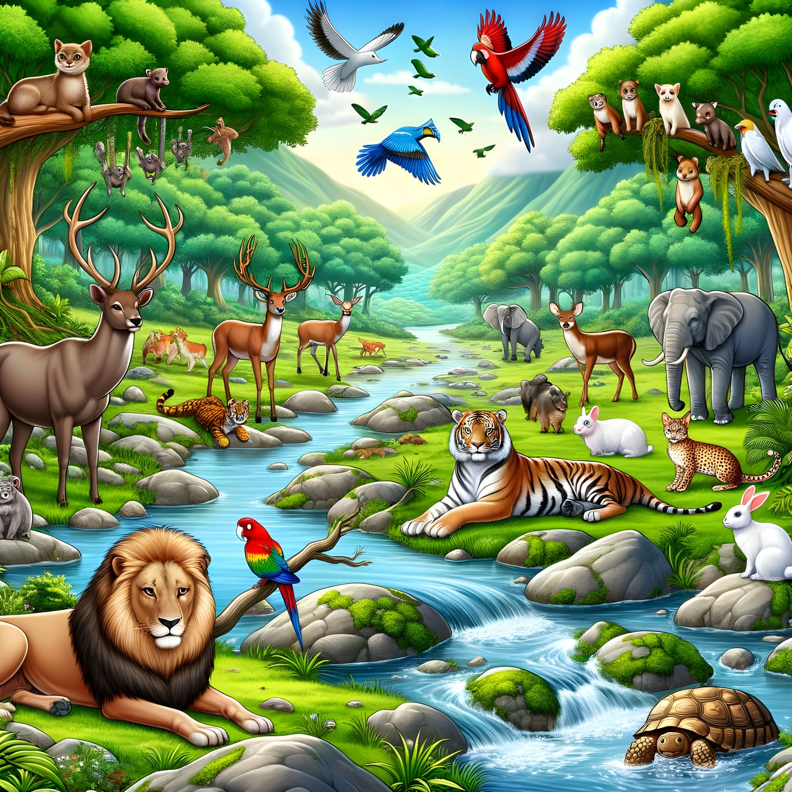 Harmonious Animals by River in AI Image