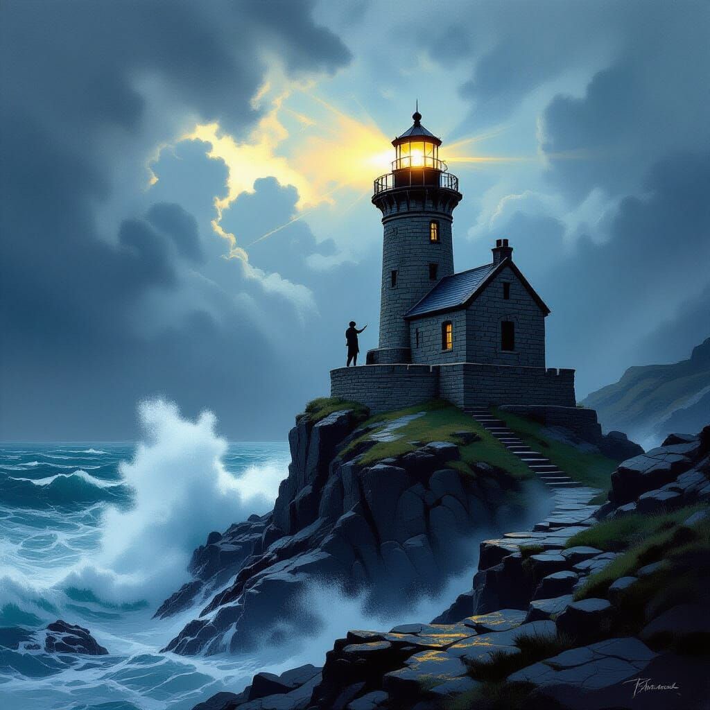 A solitary lighthouse keeper tending to a beacon atop a craggy, storm-lashed cliff. 