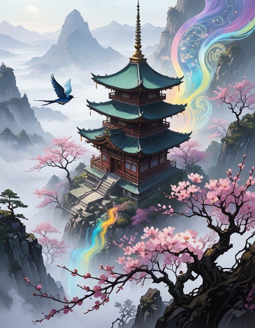 A pagoda surrounded by a dreamlike landscape with mountains and flowering plum trees, seen from a bird's-eye view. Asian fantasy art. Intric...