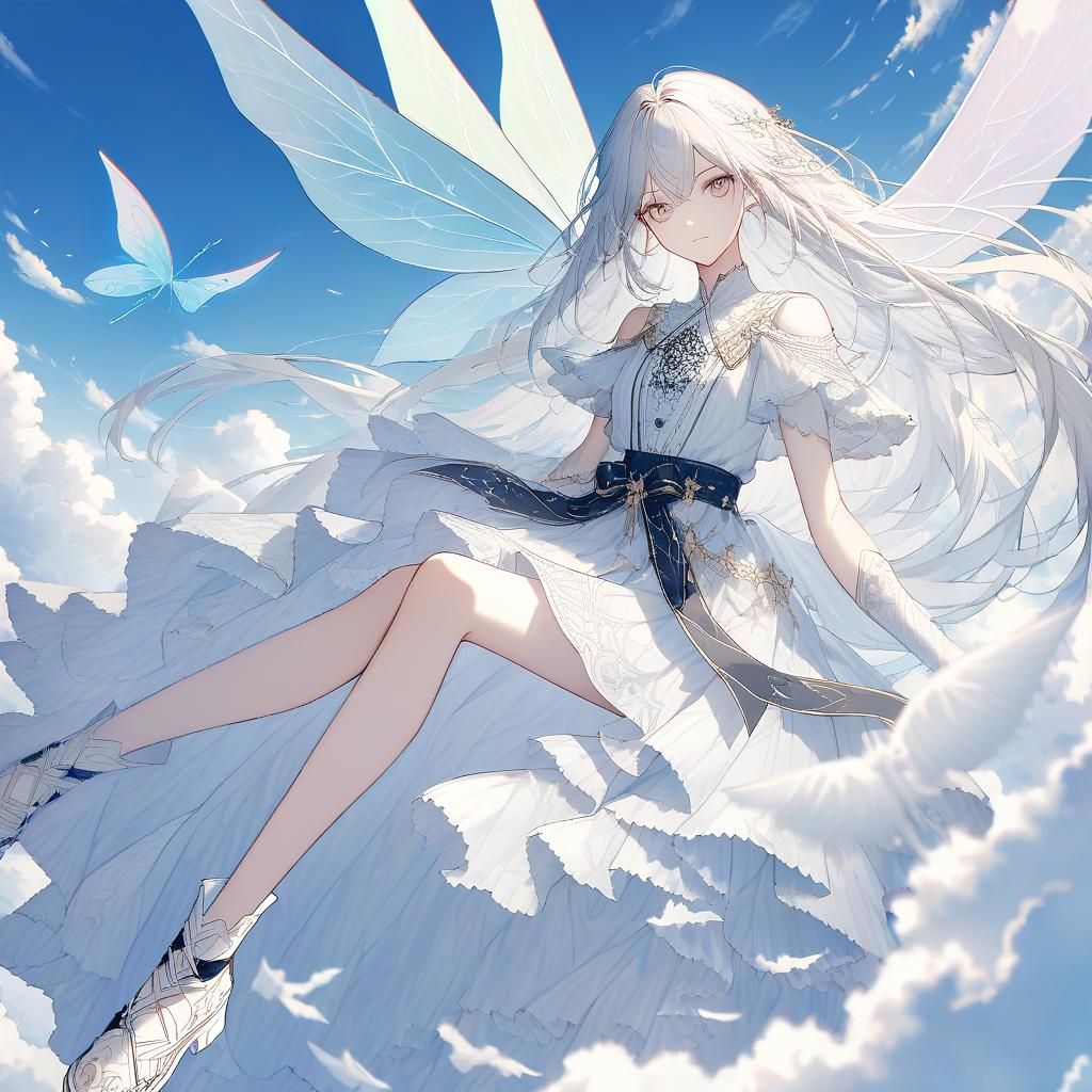 Girl with Fairy Wings Flying Through Clouds