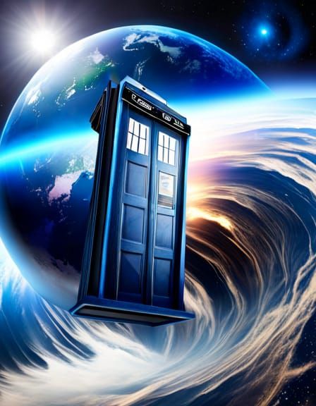 The TARDIS Flying through space followed by Planet Earth - AI Generated ...