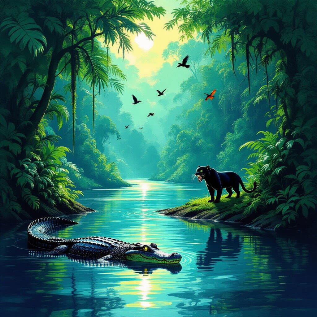 Vibrant Tropical Rainforest With Crocodile And Roaring Panth...