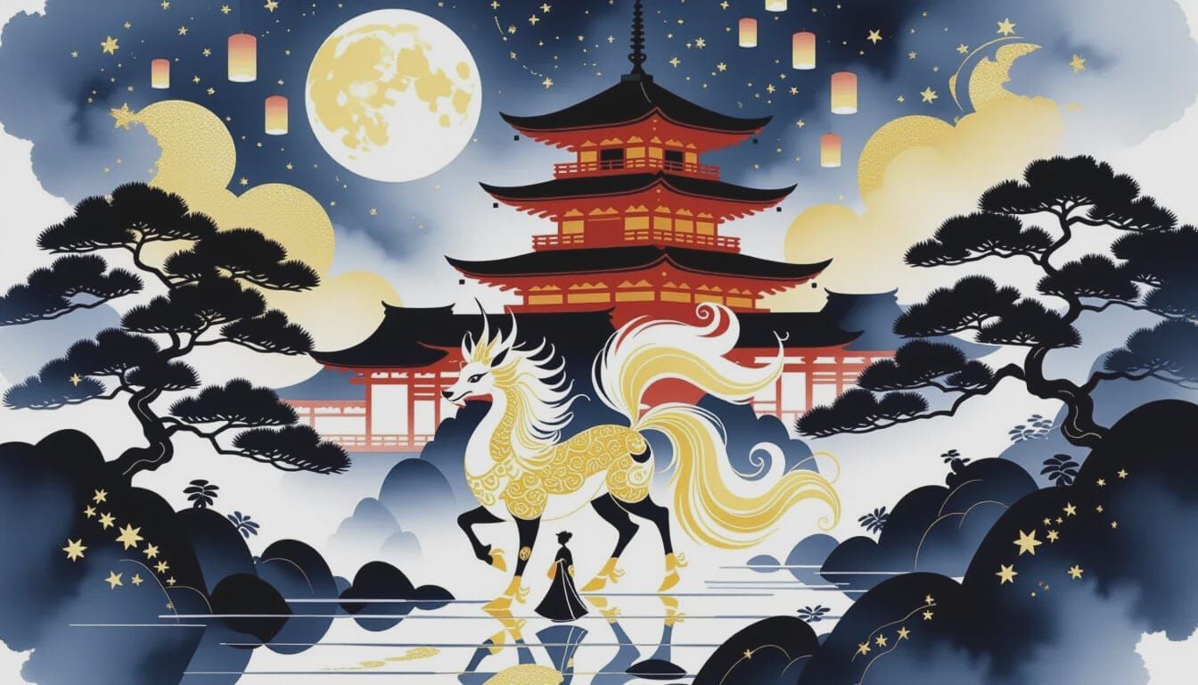 Opulent Japanese Dreamscape with Celestial Kirin