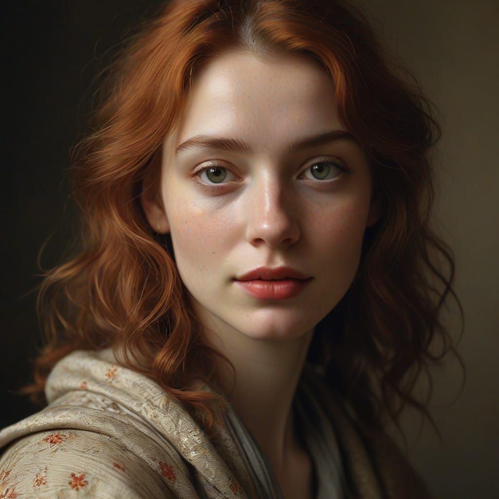 Rembrandt style oil on canvas portrait of a redhaired woman  by @Fokje