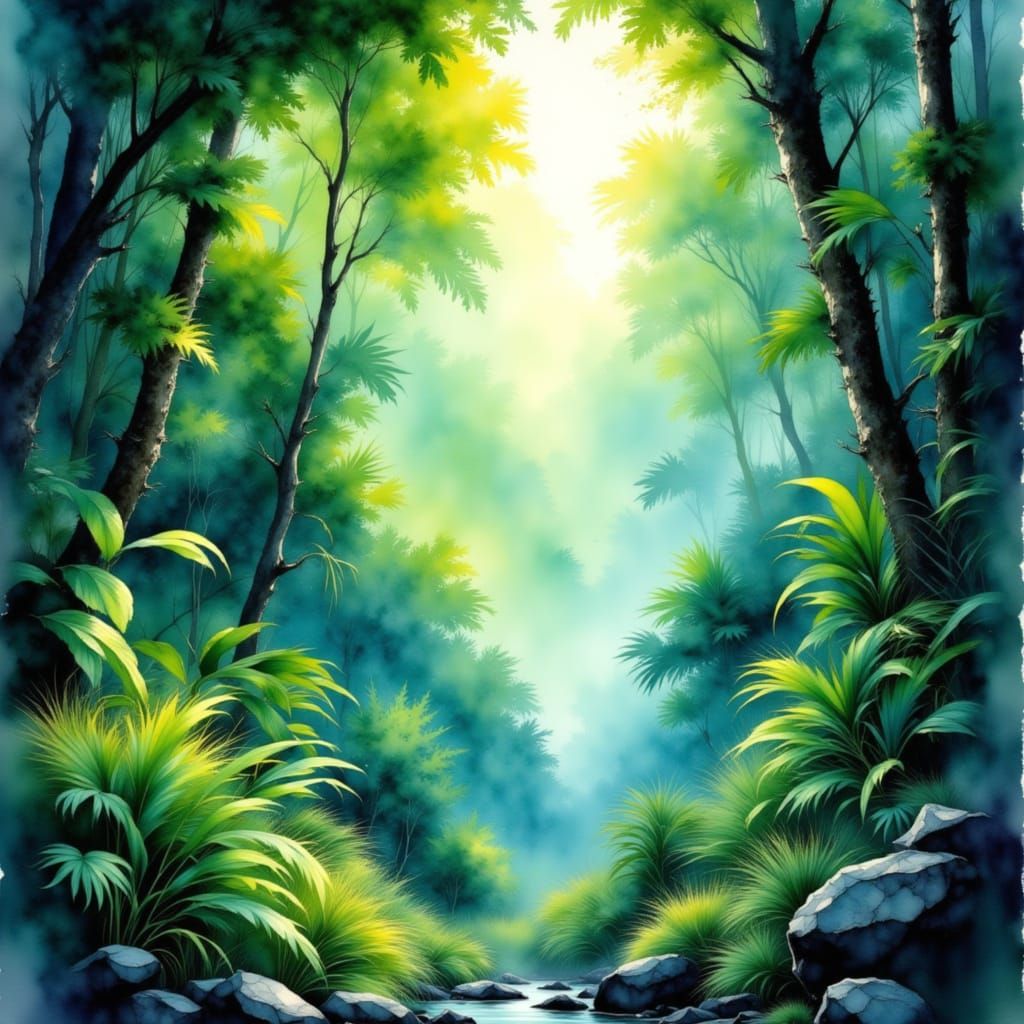 Watercolor painting depicting a verdant tropical rainforest, sunlight filtering through the canopies creating an otherworldly glow, lush, be...