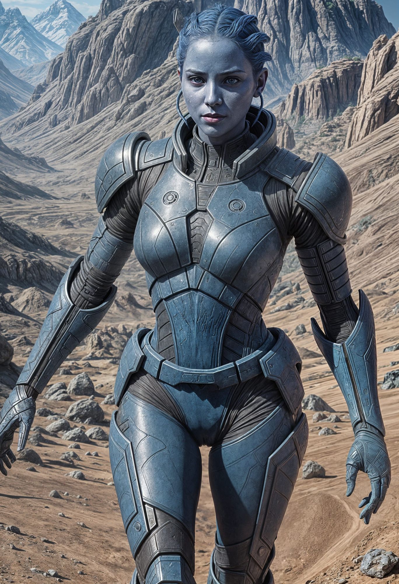 An Liara 
asari from Mass Effect, blue skin and blue eyes,short tentacles instead of hair, short cornrows hair 
style,
 short ears,combat bo...