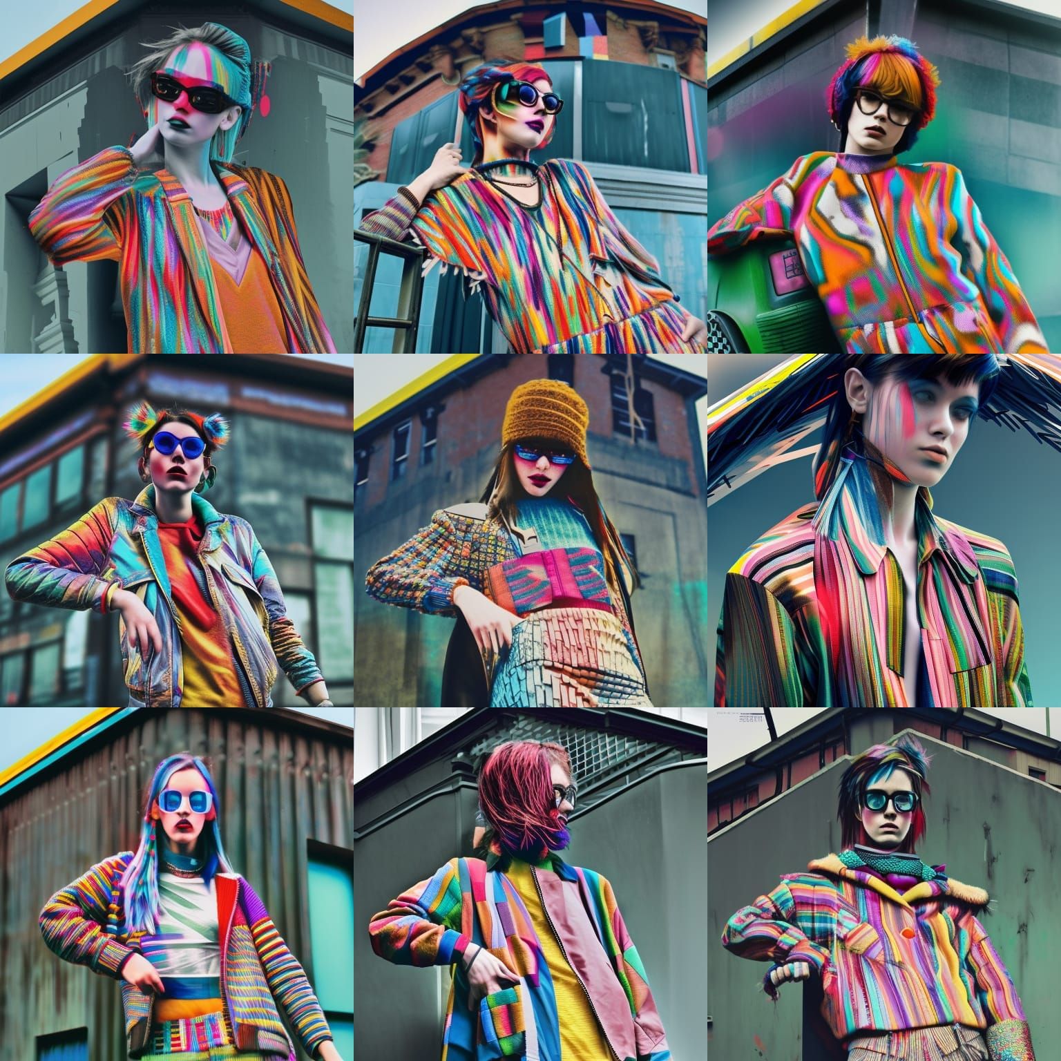 Multicolored, multi-textured outfit, hipster vibe, runway fa...