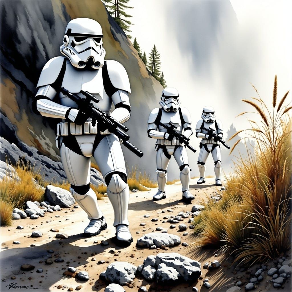 <lora:Avian Ink Flux:1.0> Stormtroopers on a rocky terrain