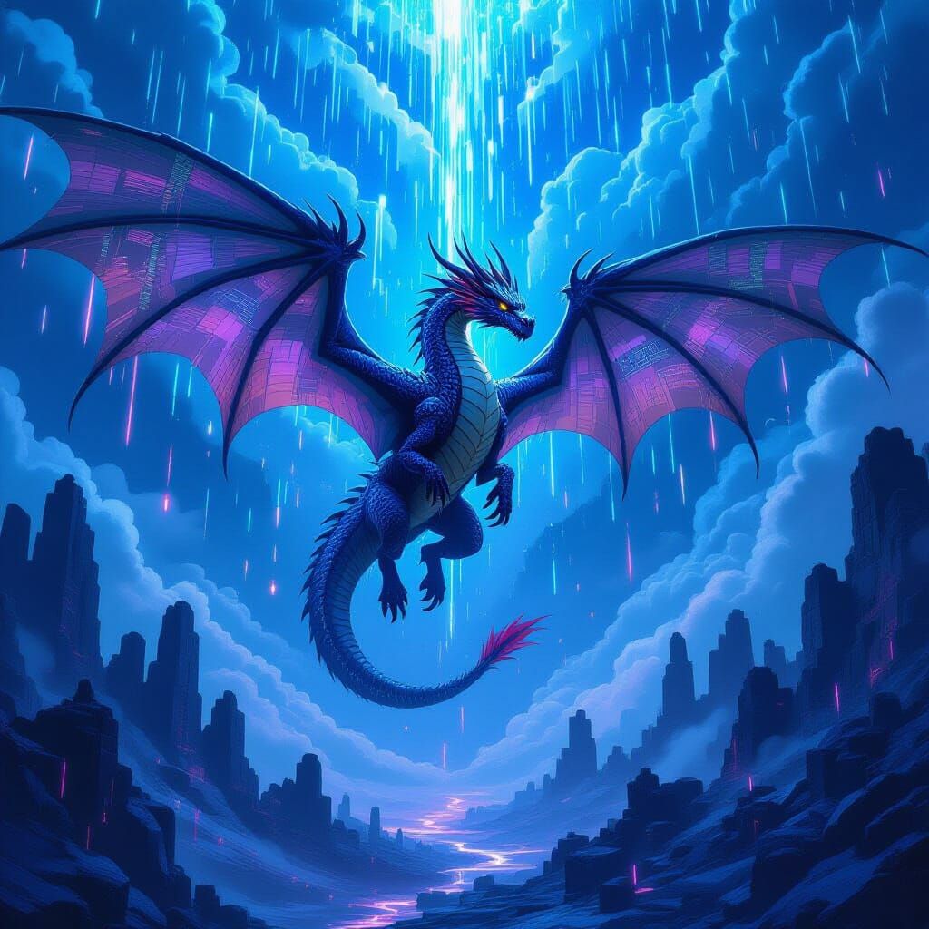 A majestic dragon, its scales formed from intricate patterns of scrolling code and glowing hexadecimal characters, soars through a sky made of a beautiful sunset.