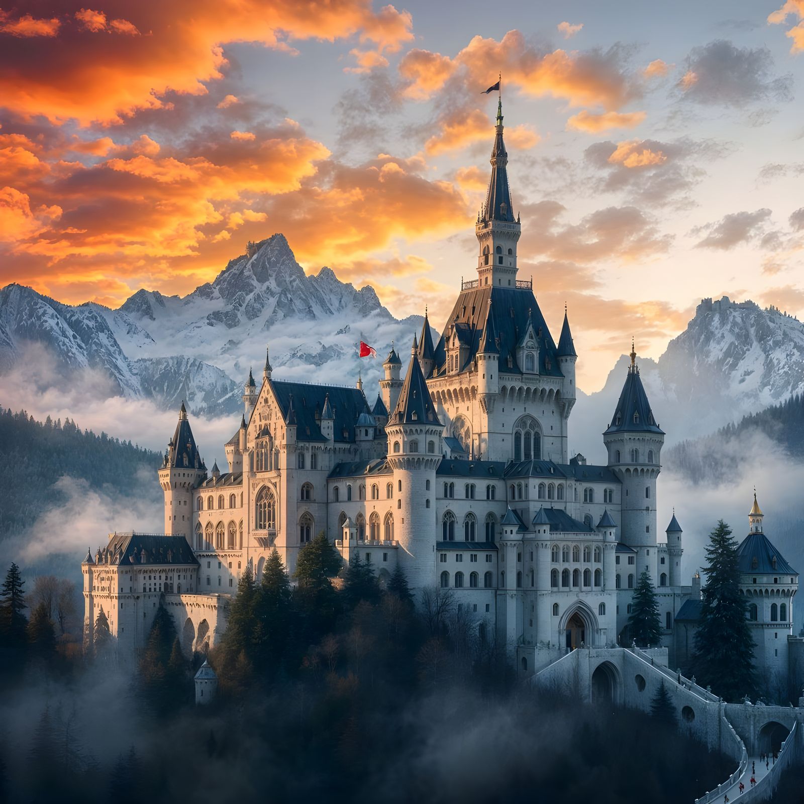 Schloss Neuschwanstein in Bayern, im Hintergrund die Berge  by @Londo Mollari