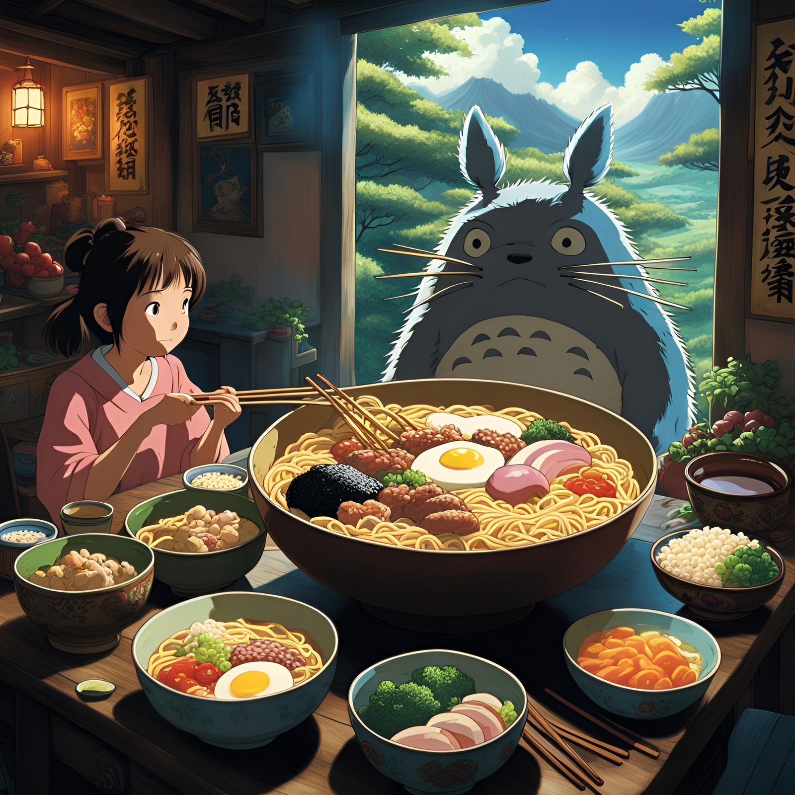 Chihiro and Totoro sharing a meal