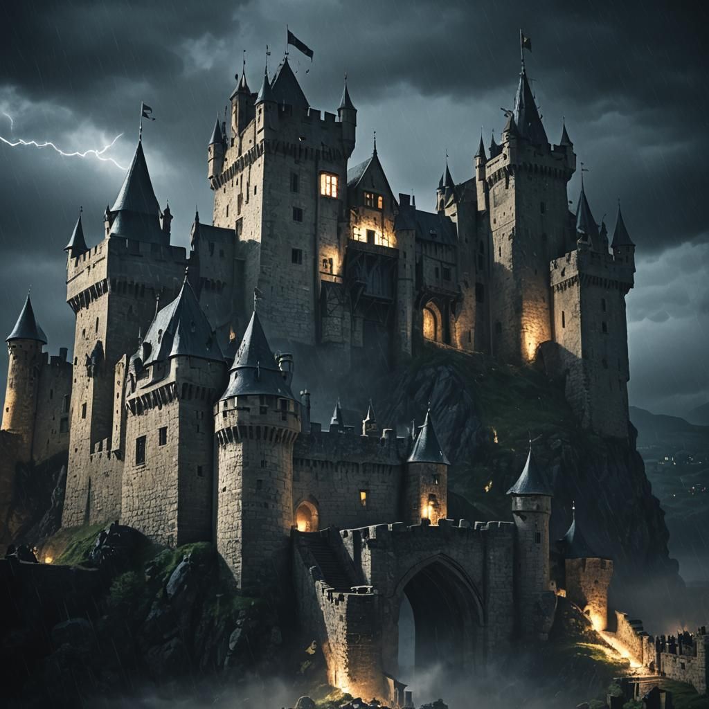 "A dark, stormy medieval kingdom at night, lightning illuminating tall stone castles with battlements, rain pouring heavily, banners flappin...