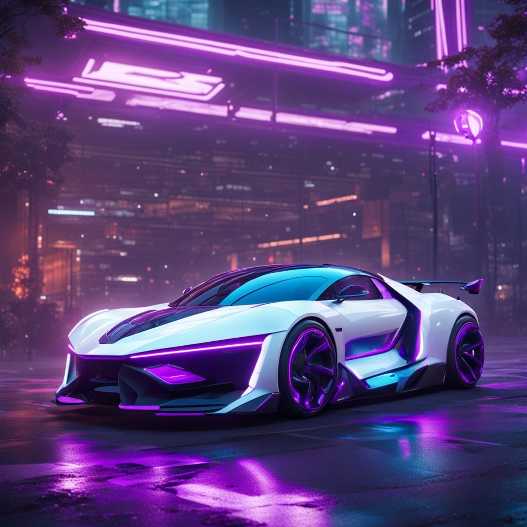 futuristic sports car with white paint and neon purple accen...