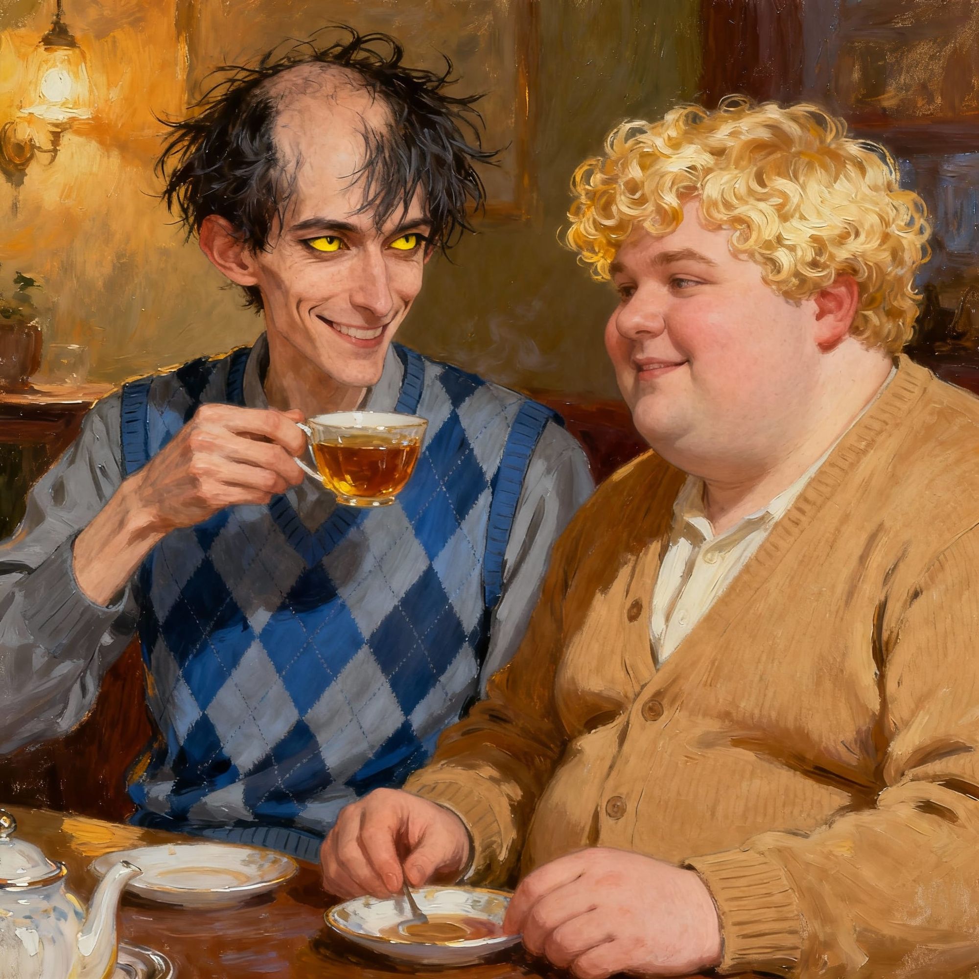 Thin man with dark thinning tousled hair smiling enjoying tea with a cute fat man with blonde curly hair. The thin man should have yellow ey...