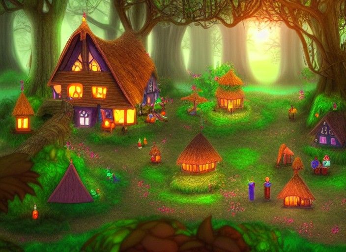 Enchanted village in a radiant forest
