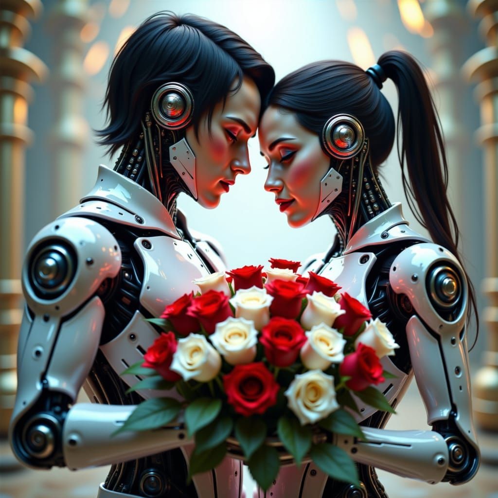 CYBORG;

Male Cyborg and female Cyborg huging some bouket of red and white roses. <lora:The Ciborg of Red:1.0>