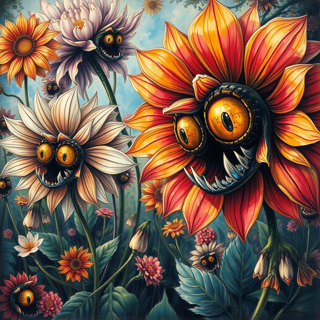 Un jardin où les fleurs ont des dents et des  grands yeux  hyperdetailed charcoal drawing ethereal fantasy ...  by @Dom