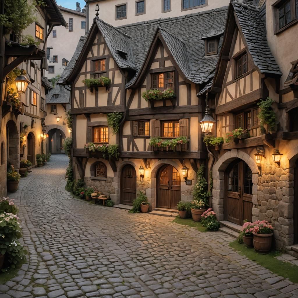 A Middle Ages two-stories house, made with wood
beams and cobblestone, set in a Middle Ages alley made ...  by @hadolfov