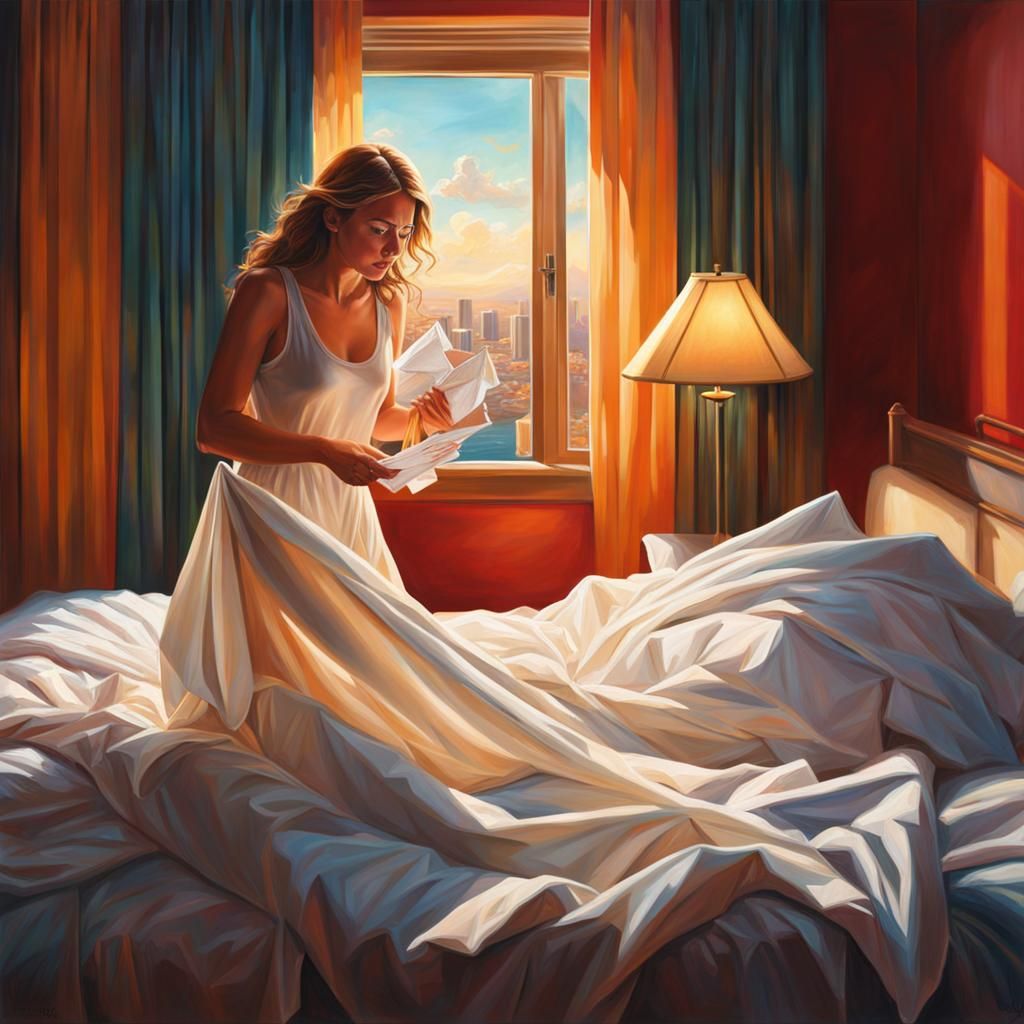 Woman discovering her sheets are soiled in hotel room.