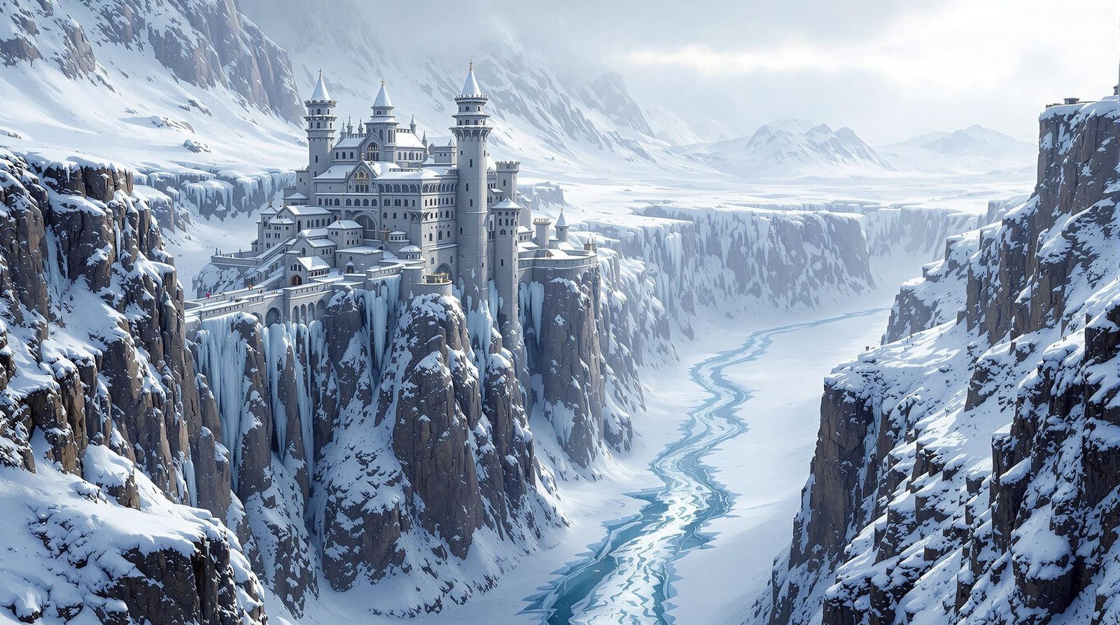 A huge deep canyon in the dead of winter with snow everywhere. There is a great castle built into the ...  by @Jeff