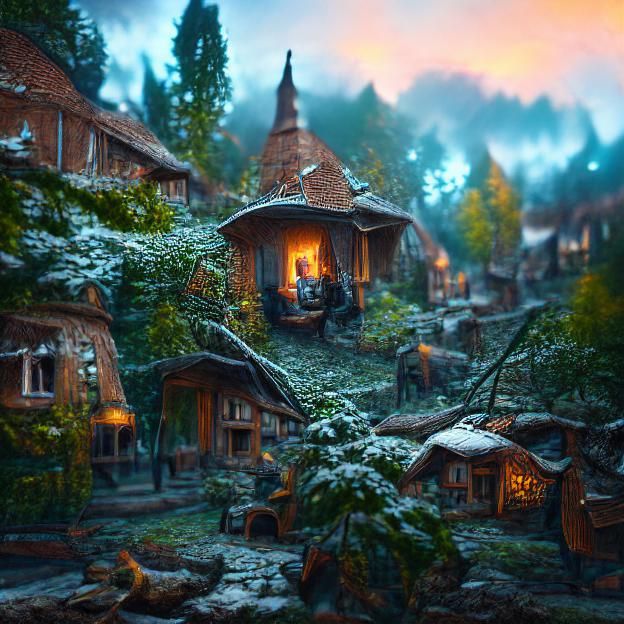 Cozy warm forest village; beautifully lit; Ferdinand Knab (1...