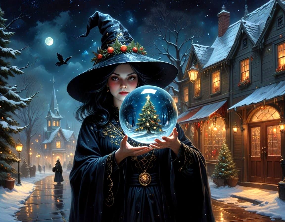 Surreal Christmas Witch under Starry Night Sky in Vintage Oi...