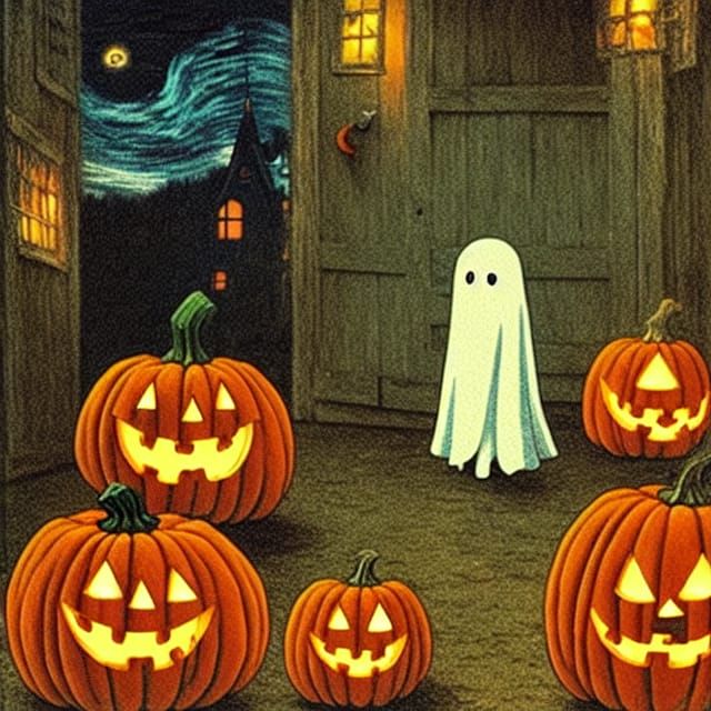 Adorable sheet ghost at a Halloween party with pumpkins Studio Ghibli and Beksinski and Van Gogh undefined