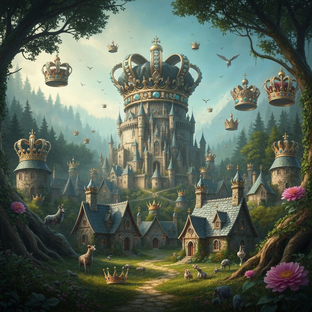 An ornate castle with a giant ornate crown on top with jewels and gold and silver and a village with ...  by @Bob