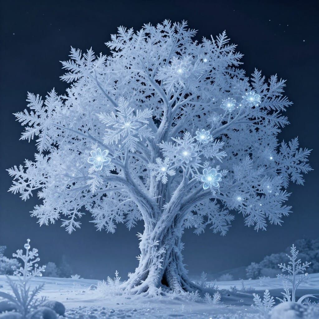 An enormous, ancient tree made entirely of interconnected snowflakes stands as the centerpiece of a frozen, ...  by @Paul Snipes