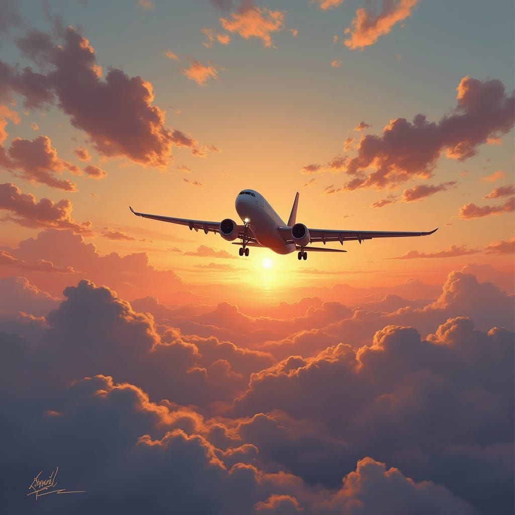 Airplane Soaring Through Evening Sky, Anime-Inspired Art