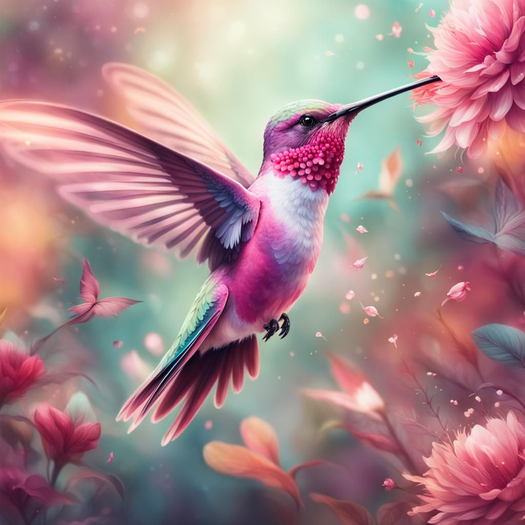 Pink Hummingbird in Flight  by @AI Art Tutorials