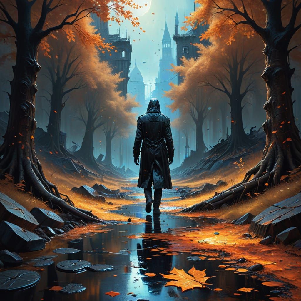 A surreal digital painting symbolizing deep loss and grief: a solitary figure walking away on a cracked, desolate path under a stormy, dark ...
