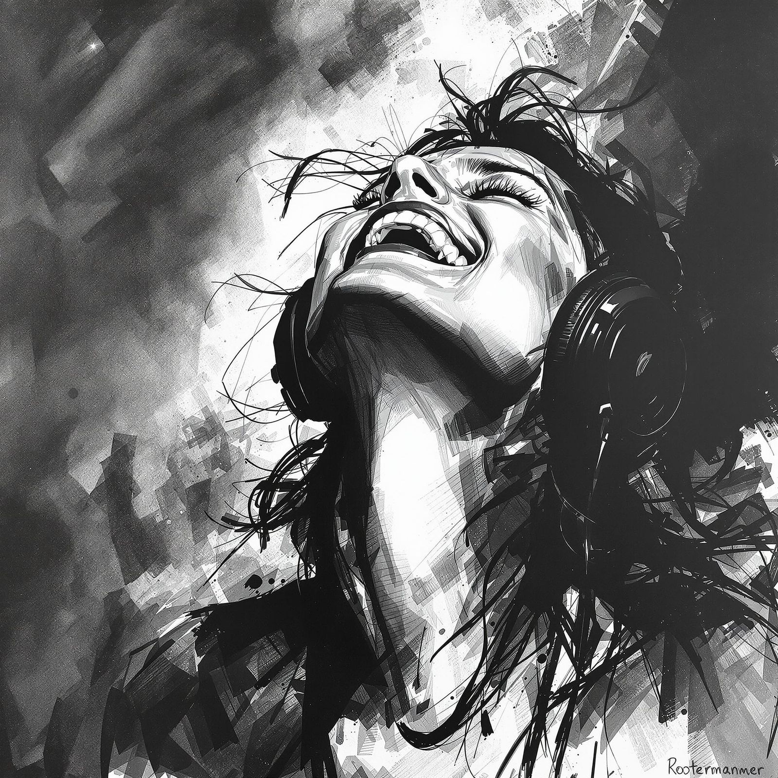 Joyful Woman Lost in Music Charcoal Drawing