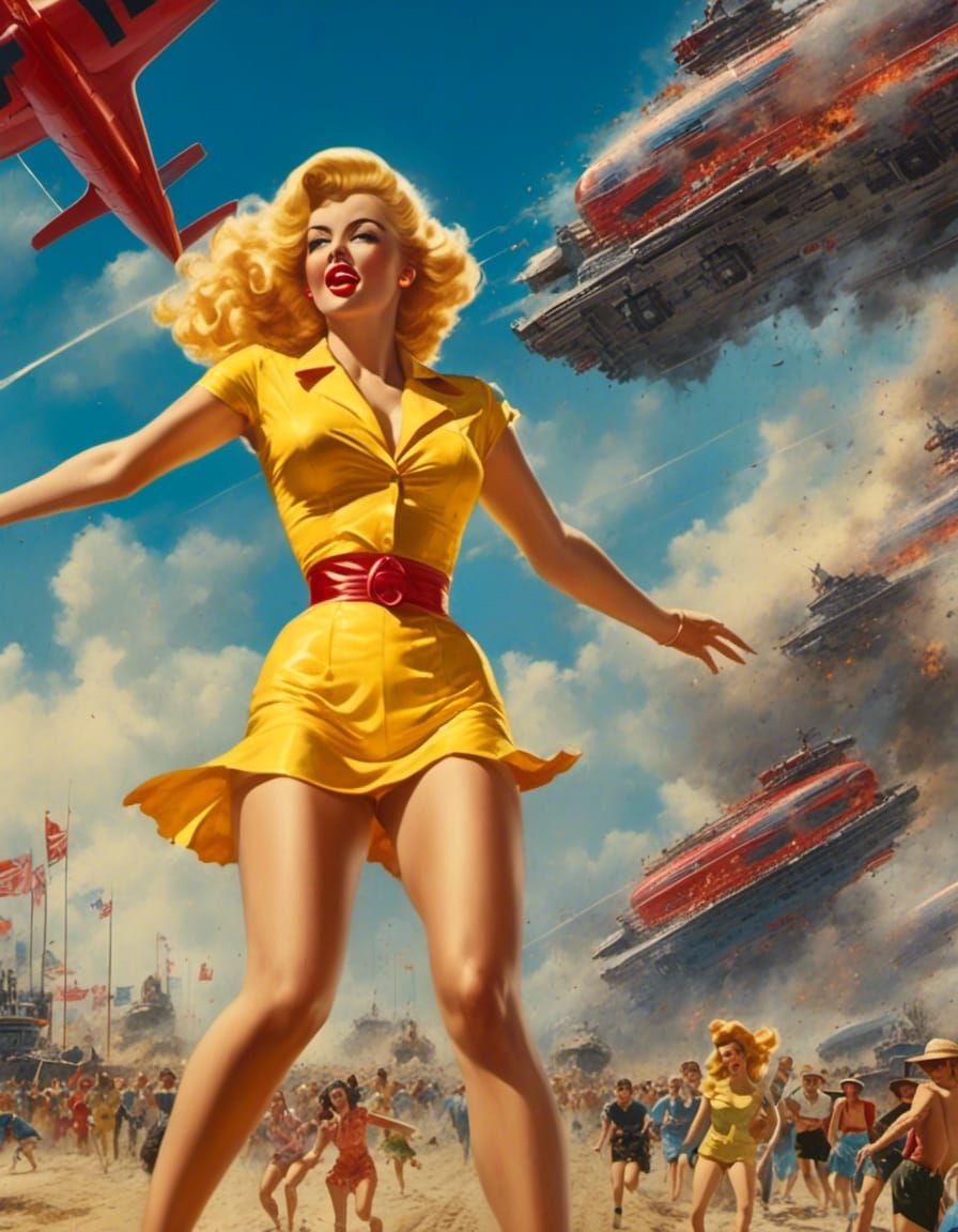 lora:MakeItPretty:1.0> attack of the fifty foot woman (from 1950s movie)!  heroic, epic, giant blonde woman, 8K, HDR - AI Generated Artwork -  NightCafe Creator