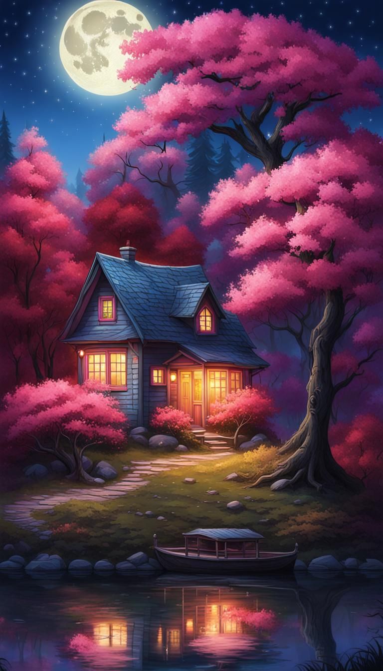 Cute little colorful cottage in the middle of the woods next...
