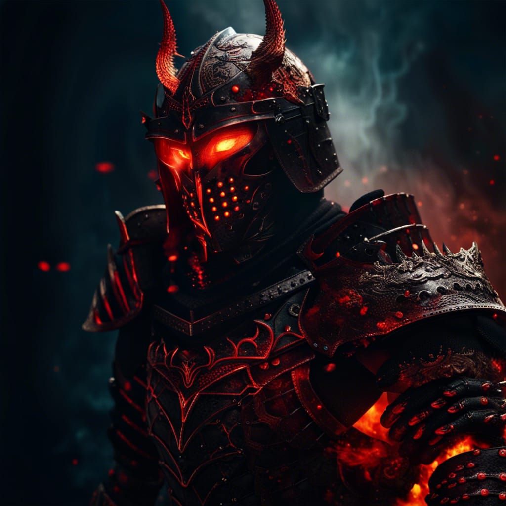 a fiery hell knight with red glowing eyes behind the visor w...