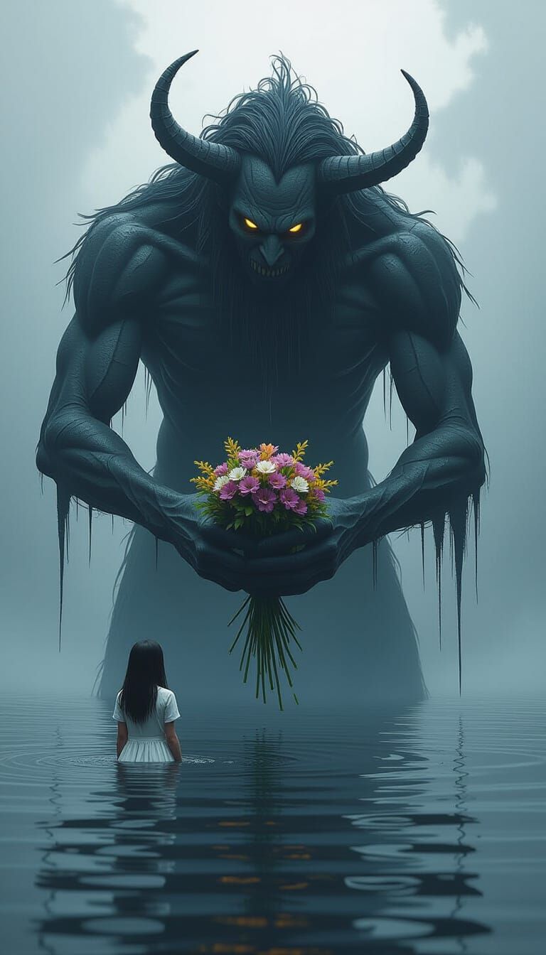 Ominous Demon Offering Flowers in Fantasy Concept Art