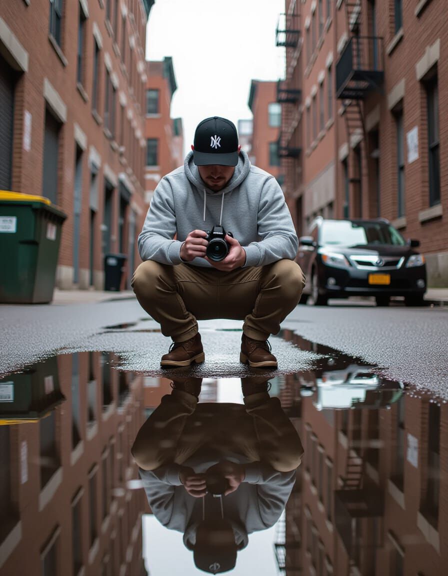 A male photographer faces the viewer, wearing a gray sweatshirt, khaki pants, and a black cap with a ...  by @The Quantum AI Journey