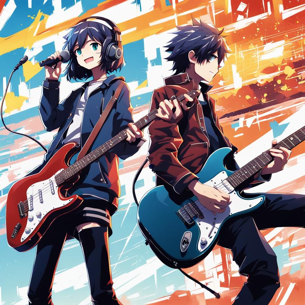 girl with a mic and a guy with a electric guitar