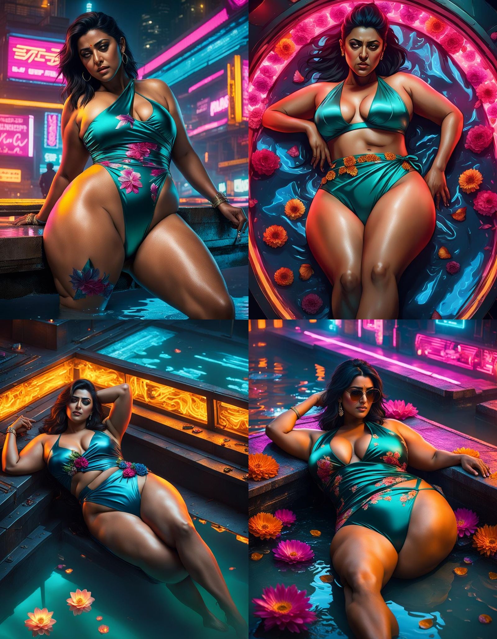 Big cleavages attractive bold, lying down backless ekta kapoor ,plus size  curvy body, big thighs, hot opened legs, wearing satin shiny flowe... - AI  Generated Artwork - NightCafe Creator