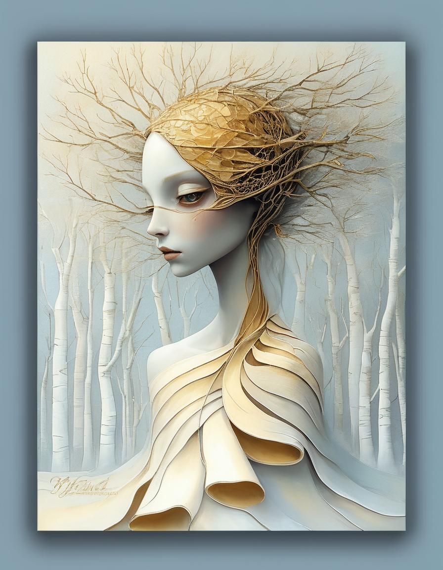 A stylized portrait of a female figure with an ethereal appearance...