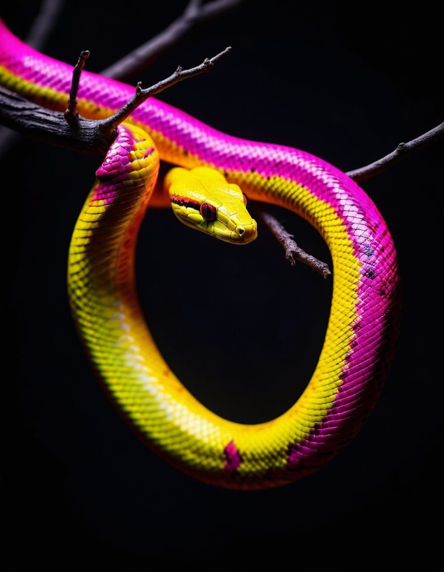Serpent Coiled on Neon Tree Branch in Studio Lighting