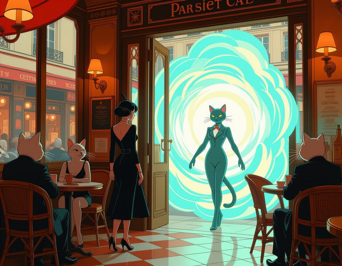Enchanted cafe where visitors going into a feline transformation by entering the cafe through the magic cloud